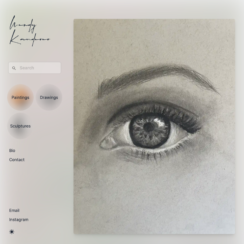 A snapshot of Wendy Kauderer's artist portolfio homepage at wendykauderer.com. The banner (or main image if you will) on the right is a drawing of a close-up eye. Navigation and a search bar can be seen on the left.